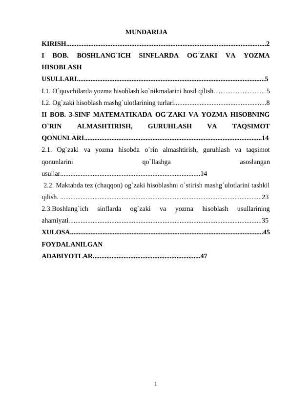 Uchinchi sinfda matematikadan oʻgʻzaki va yozma hisoblashga doir