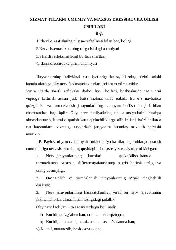 XIZMAT  ITLARNI UMUMIY VA MAXSUS DRESSIROVKA QILISH USULLARI