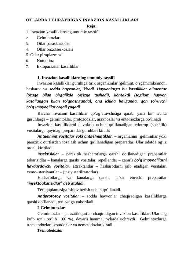 OTLARDA UCHRAYDIGAN INVAZION KASALLIKLARI