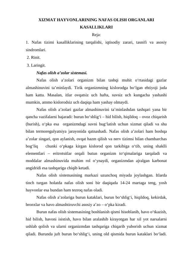XIZMAT HAYVONLARINING NAFAS OLISH ORGANLARI KASALLIKLARI