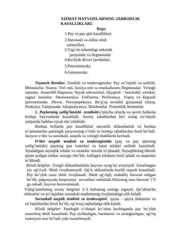 XIZMAT HAYVONLARNING JARROHLIK KASALLIKLARI.