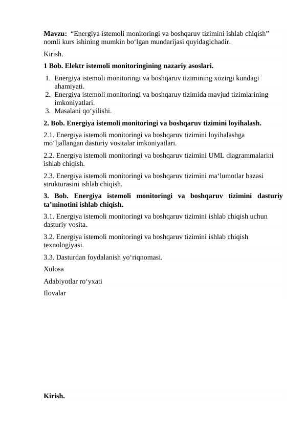 Energiya istemoli monitoringi va boshqaruv tizimini ishlab chiqish