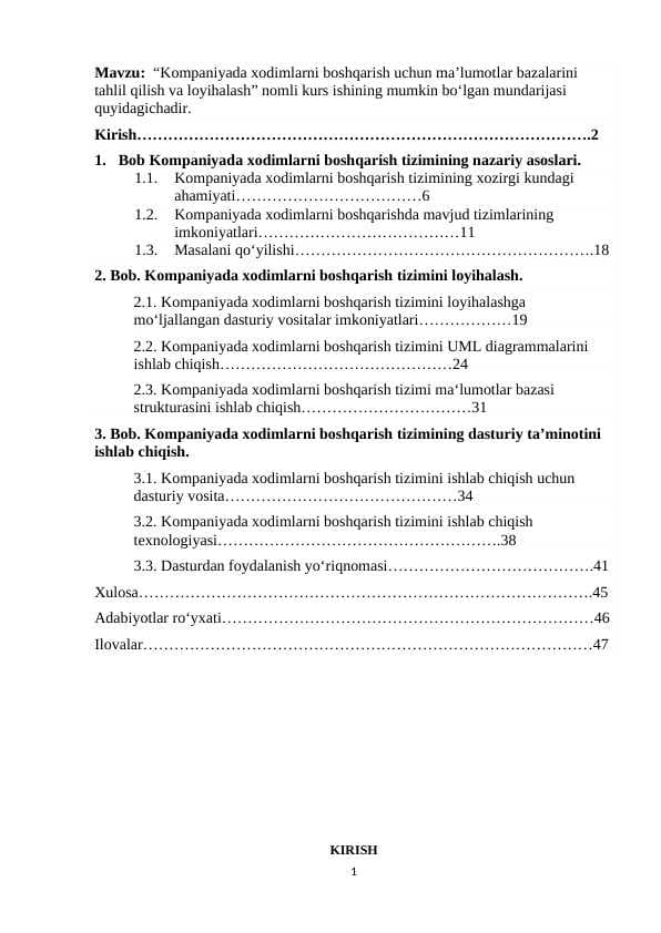 Kompaniyada xodimlarni boshqarish uchun ma’lumotlar bazalarini tahlil qilish va loyihalash