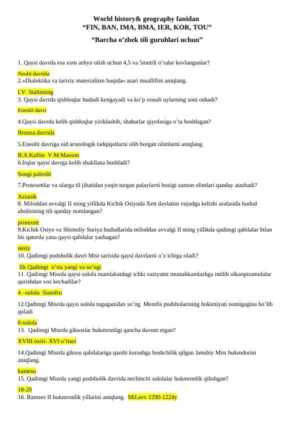 Jahon tarixi test savollari va javoblari bilan