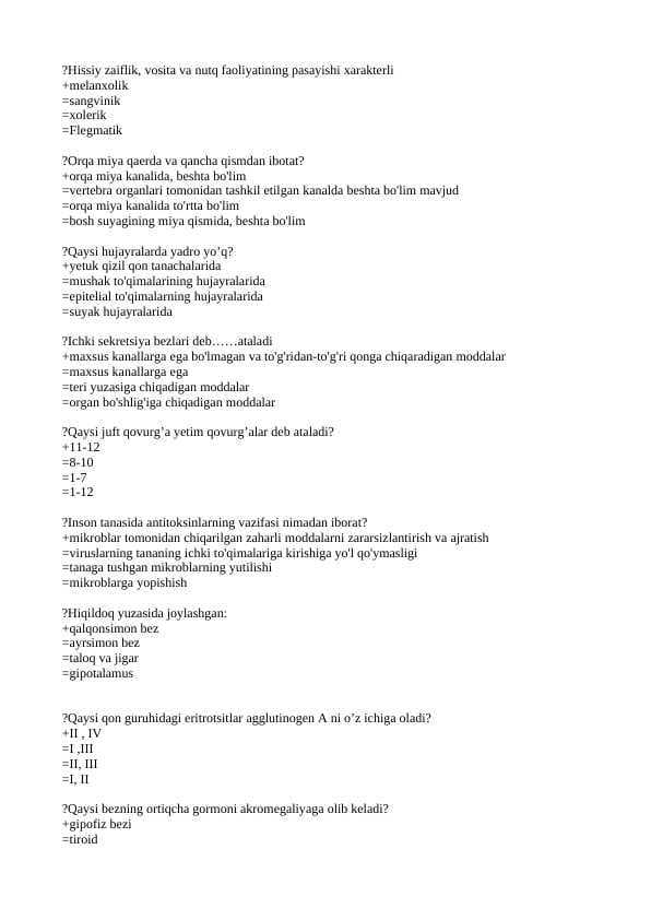 Odam va uning salomatligi fanidan test savollari javoblari bilan