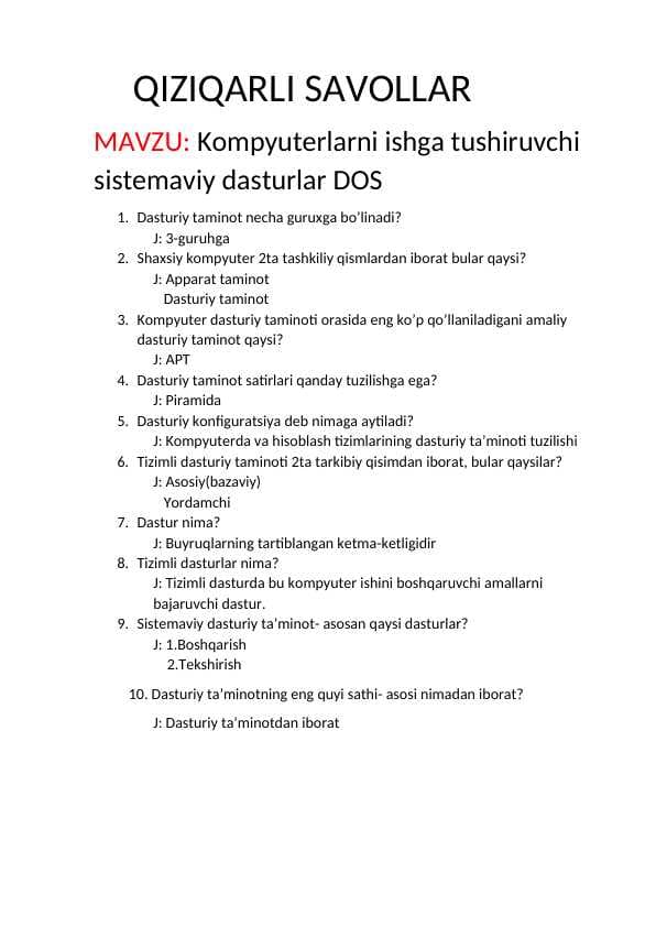 Kompyuterlarni ishga tushiruvchi sistemaviy dasturlar DOS