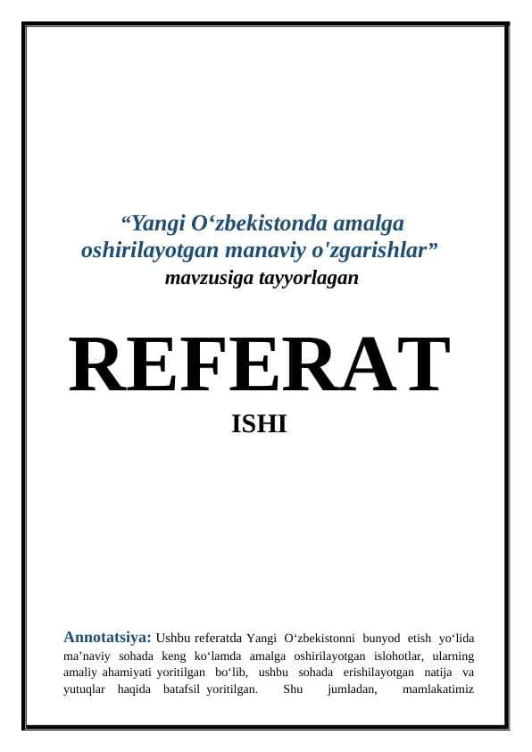 Yangi Oʻzbekistonda amalga oshirilayotgan manaviy o'zgarishlar