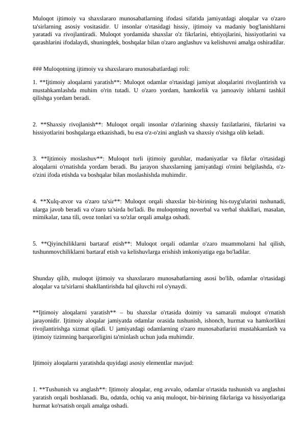 Muloqotning ijtimoiy va shaxslararo munosabatlardagi roli: