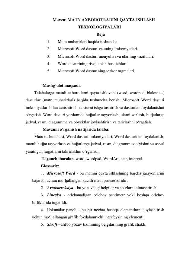 MATN AXBOROTLARINI QAYTA ISHLASH TEXNOLOGIYALARI