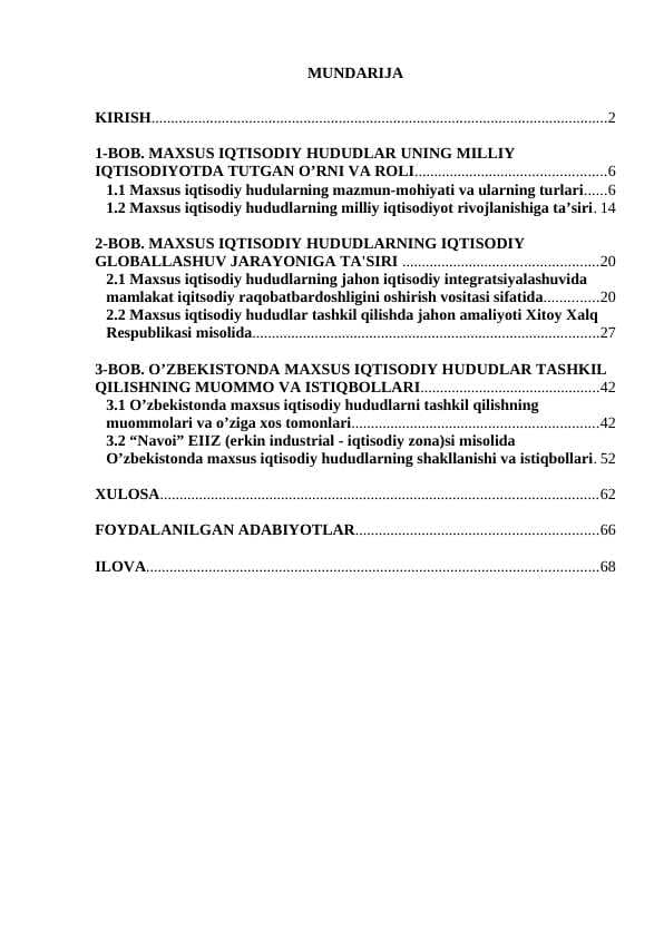 MAXSUS IQTISODIY HUDUDLAR, UNING MILLIY IQTISODIYOTDA TUTGAN O’RNI VA ROLI.