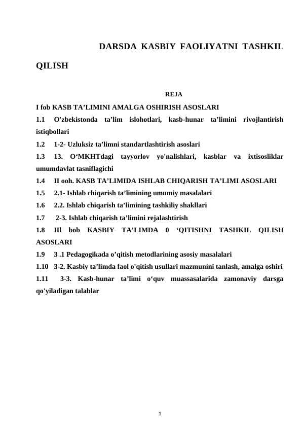DARSDA KASBIY FAOLIYATNI TASHKIL QILISH