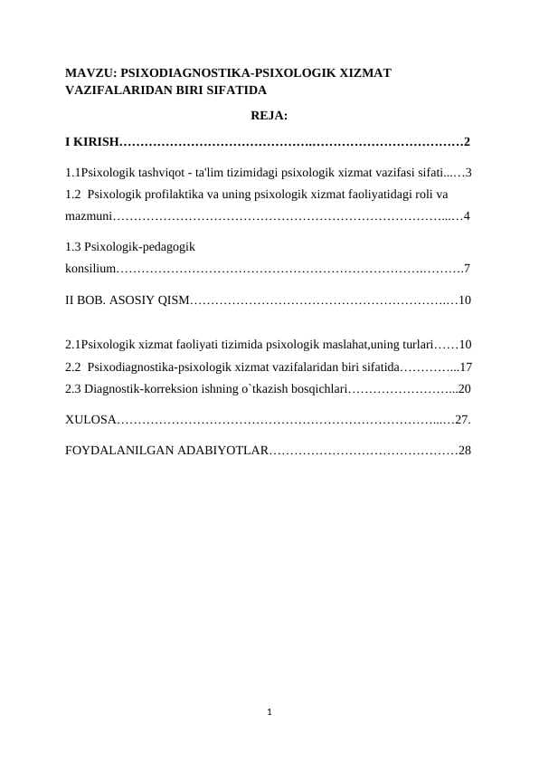 Psixodiagnostika-psixologik xizmat vazifalaridan biri sifatida