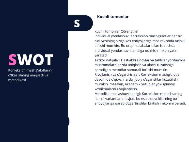 Korreksion mashg‘ulotlarini o‘tkazishning maqsadi va metodikasi mavzusida swot tahlili