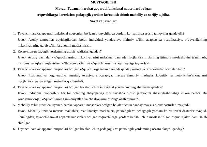Tayanch-harakat apparati funksional nuqsonlari bo‘lgan  o‘quvchilarga korreksion-pedagogik yordam ko‘rsatish tizimi: mahalliy va xorijiy tajriba
