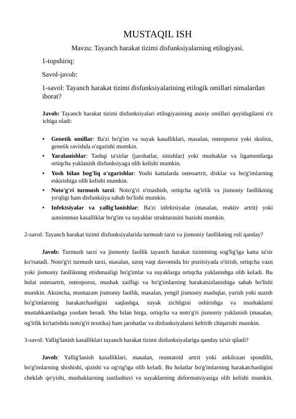 Tayanch harakat tizimi disfunksiyalarning etilogiyasi.