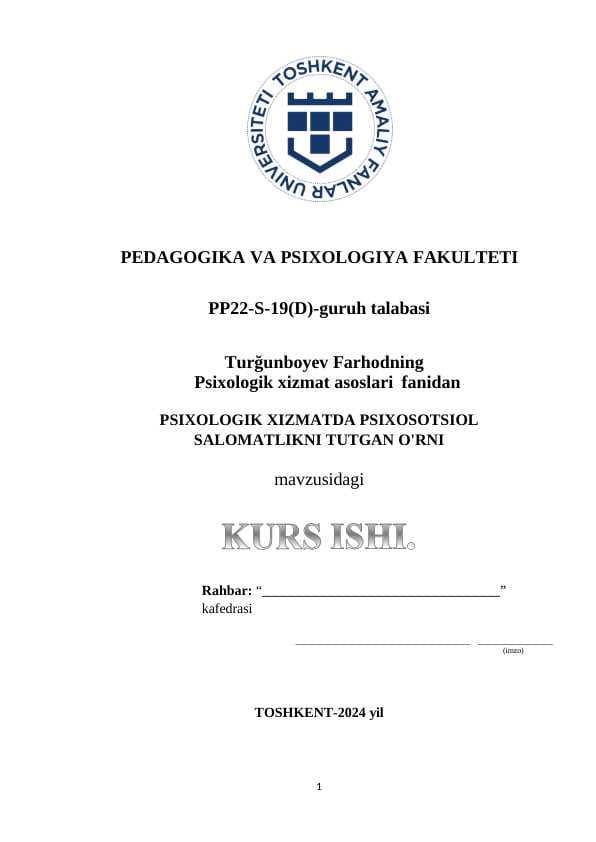 PSIXOLOGIK XIZMATDA PSIXOSOTSIOL SALOMATLIKNI TUTGAN O'RNI