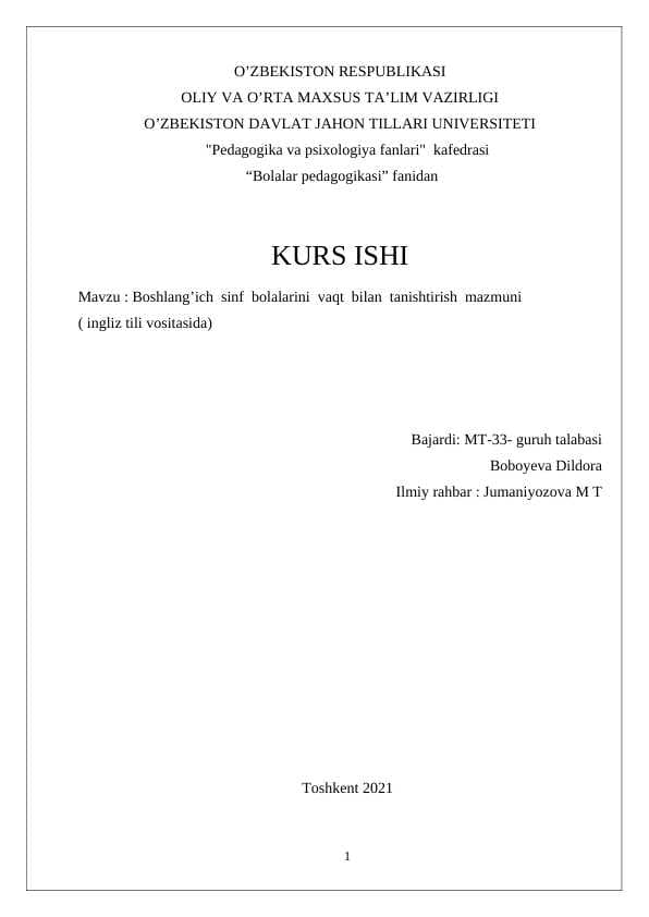 Boshlang’ich  sinf  bolalarini  vaqt  bilan  tanishtirish  mazmuni  ( ingliz tili vositasida)