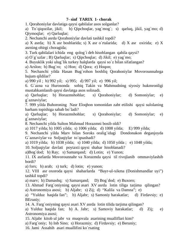 7-sinf tarix 1-4-chorak (Javoblari bilan)