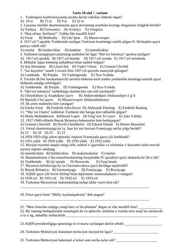 10-sinf tarix 2-variantda (Javoblari bilan)+