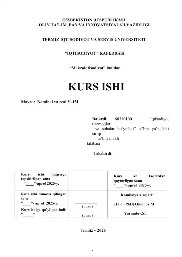 KURS ISHI Nominal va real YaIM