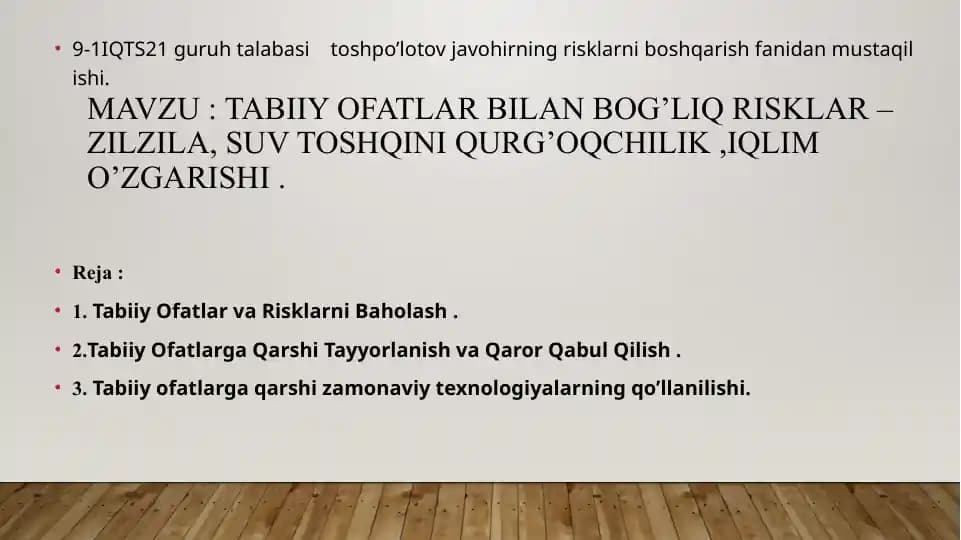 risklarni boshqarish mustaqil ishi