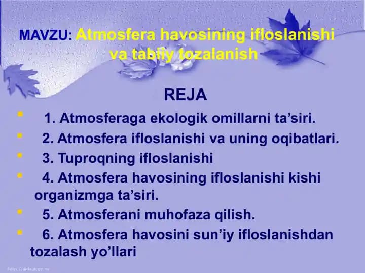 Atmosfera havosining ifloslanishi va tabiiy tozalanish.
