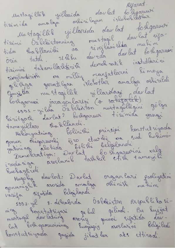 O'zbekistonning eng yangi tarixi fanidan 2 mustaqil talim uchun tayyor ish