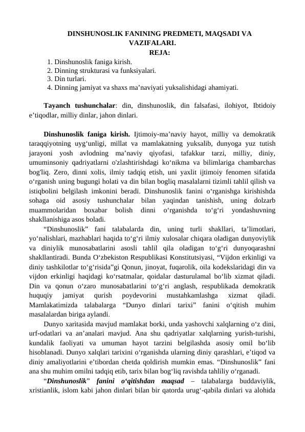 DINSHUNOSLIK FANINING PREDMETI, MAQSADI VA VAZIFALARI