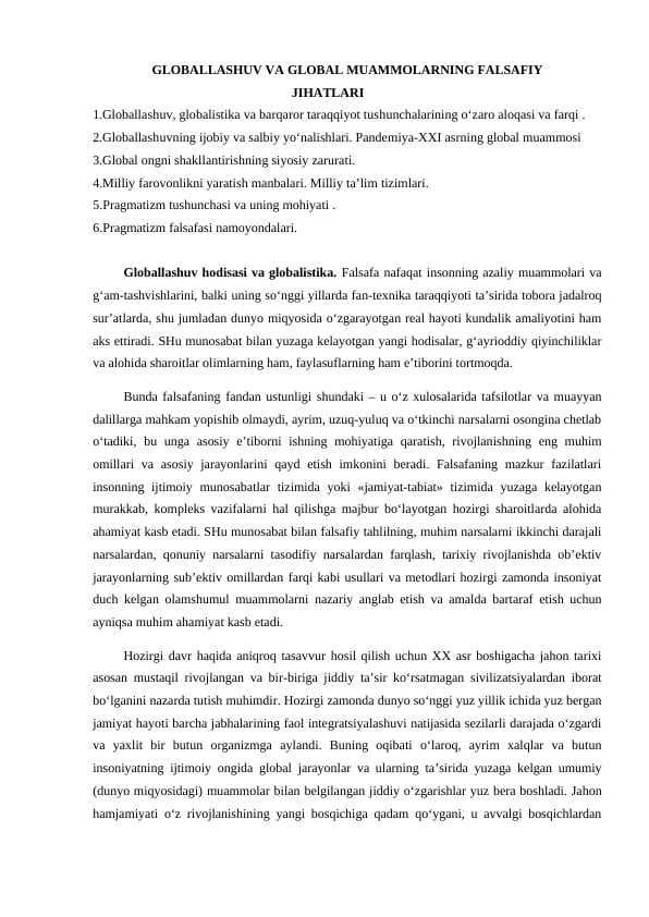 GLOBALLASHUV VA GLOBAL MUAMMOLARNING FALSAFIY JIHATLARI