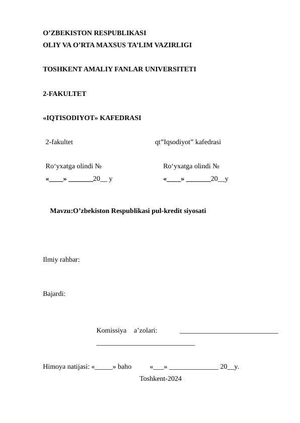 O’zbekiston Respublikasi pul-kredit siyosati