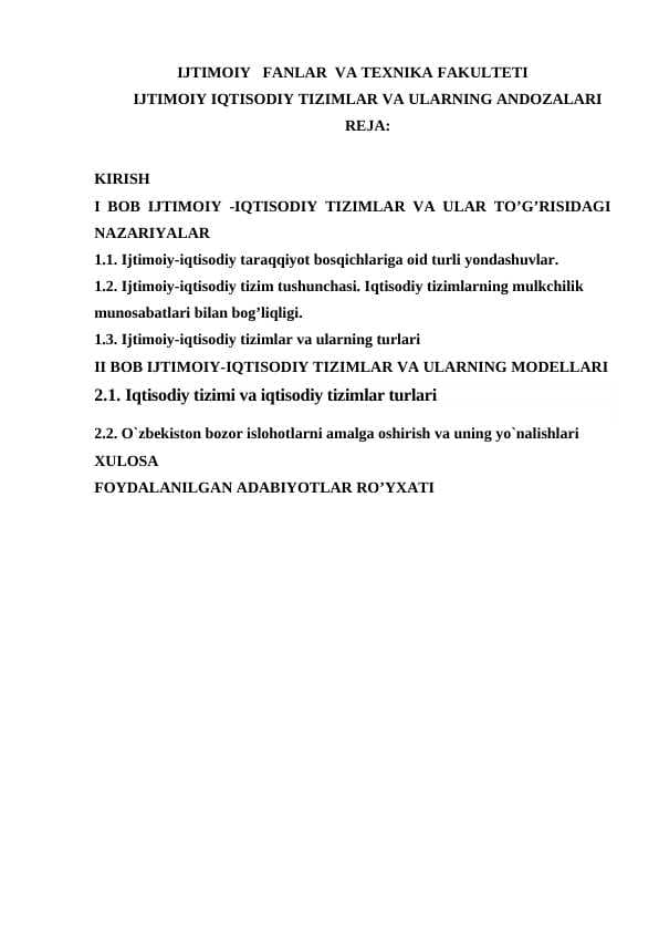 Ijtimoiy-iqtisodiy tizimlar va ularning andozalari