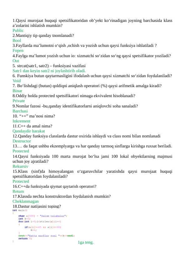 Dasturlashdan test savollariga javoblar C++ tiliga oid