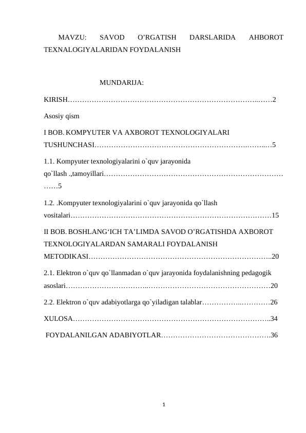 SAVOD O’RGATISH DARSLARIDA AHBOROT TEXNALOGIYALARIDAN FOYDALANISH