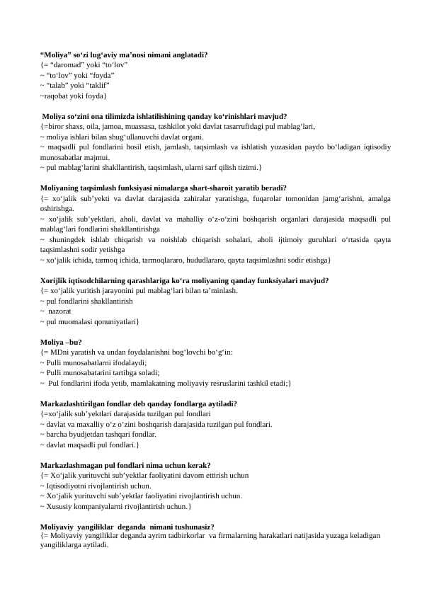 Moliya test, javoblari bilan