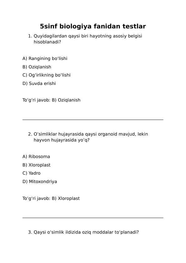 5sinf biologiya fanidan testlar