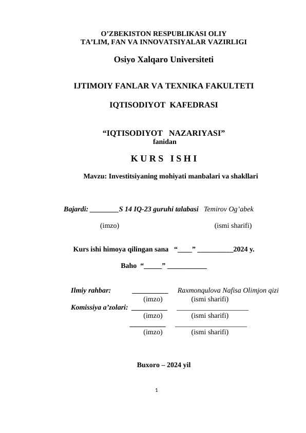 Investitsiyaning mohiyati manbalari va shakllari