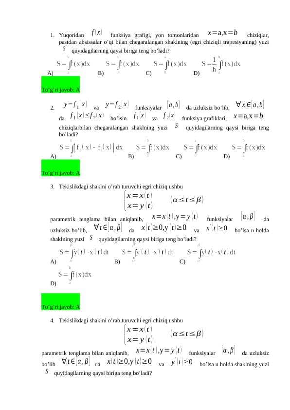 Matematik analiz fanidan yakuniy javoblari bilan