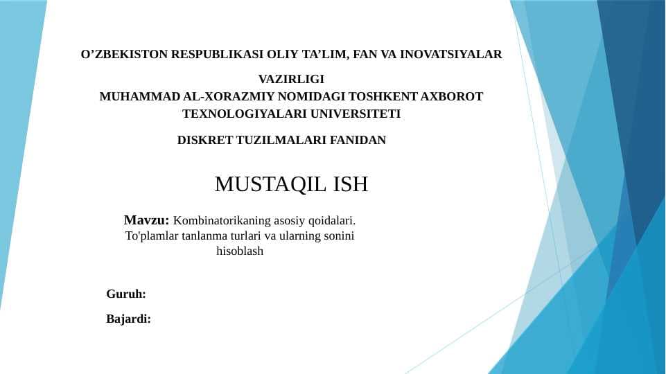 Kombinatorikaning asosiy qoidalari. To'plamlar tanlanma turlari va ularning sonini hisoblash