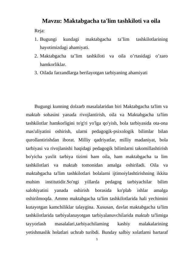 Maktabgacha ta'lim tashkiloti va oila