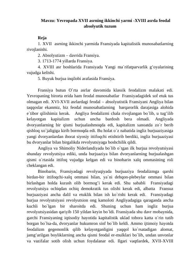 Yevropada XVII asrning ikkinchi yarmi XVIII asrda feodal absolyut tuzumi