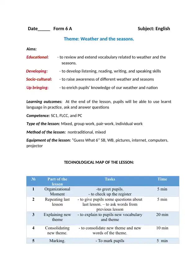 Weather and the seasons mavzusida 6-sinflar uchun dars ishlanma