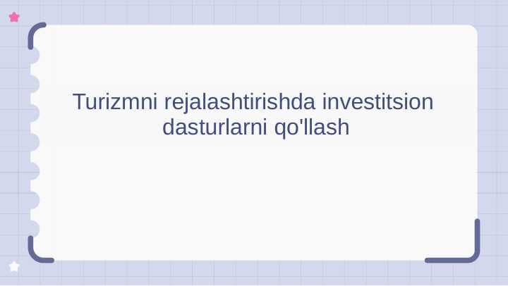 Turizmni rejalashtirishda investitsion dasturlarni qo'llash