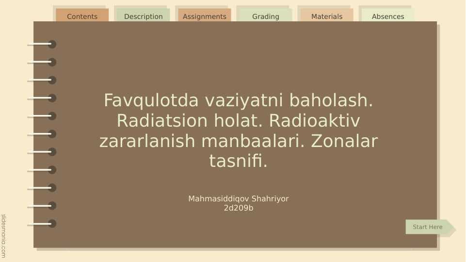 Favqulotda vaziyatni baholash. Radiatsion holat. Radioaktiv zararlanish manbaalari. Zonalar tasnifi.