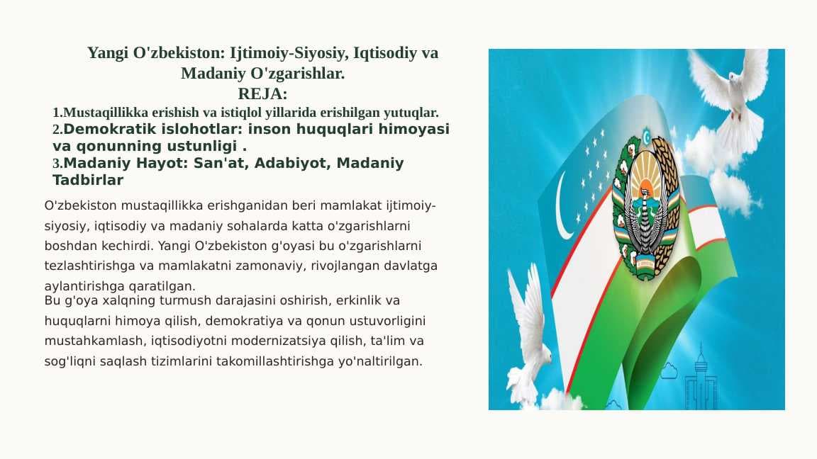 Yangi O'zbekiston ijtimoiy siyosiy iqtisodiy va madaniy o'zgarishlar