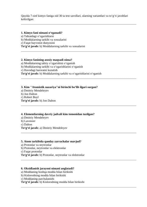 Kimyo fanidan test nazorat savollari 7-sinflar uchun