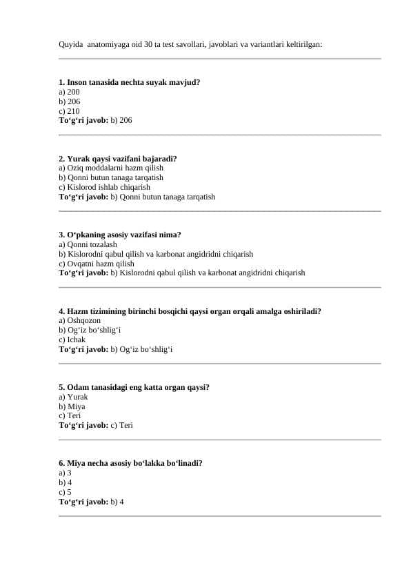 Anatomiyaga oid 30 ta test savollari
