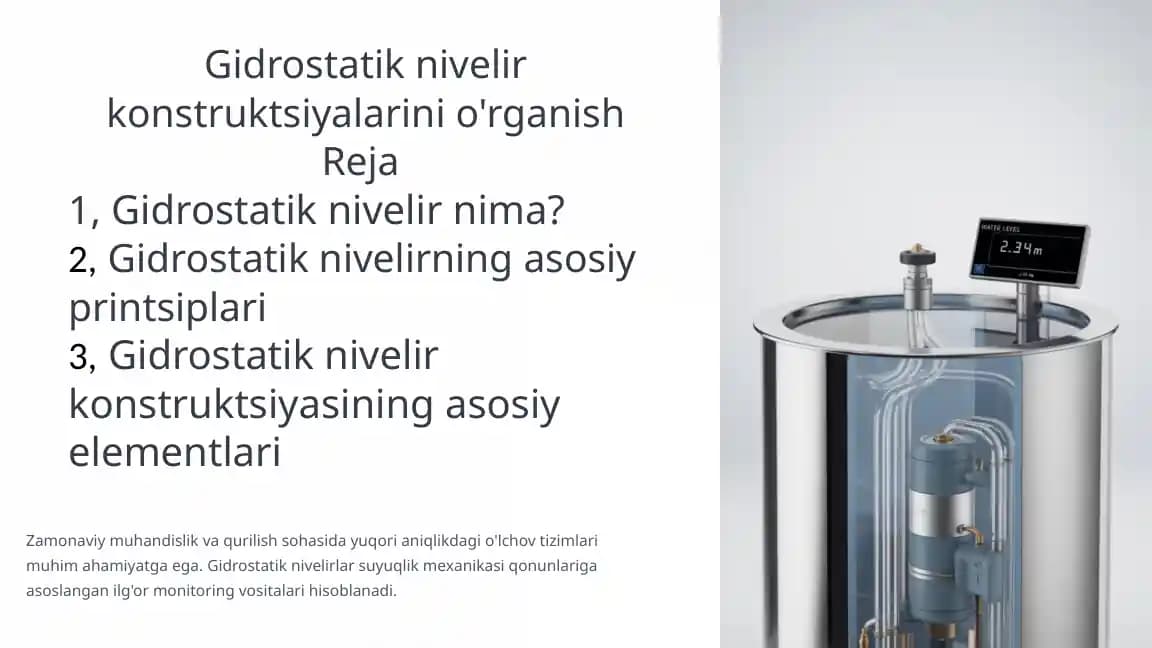 Gidrostatik nivelir konstruktsiyalarini o'rganish