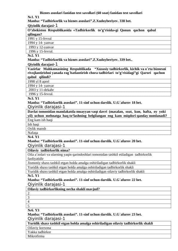 Biznes asoslari fanidan (90ta) test savollari