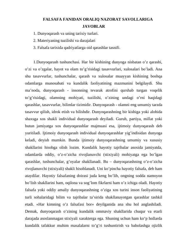 FALSAFA FANIDAN ORALIQ NAZORAT SAVOLLARIGA JAVOBLAR