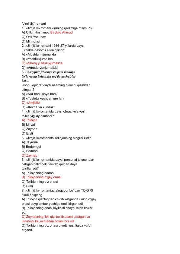 Jimjitlik romani savol javoblar